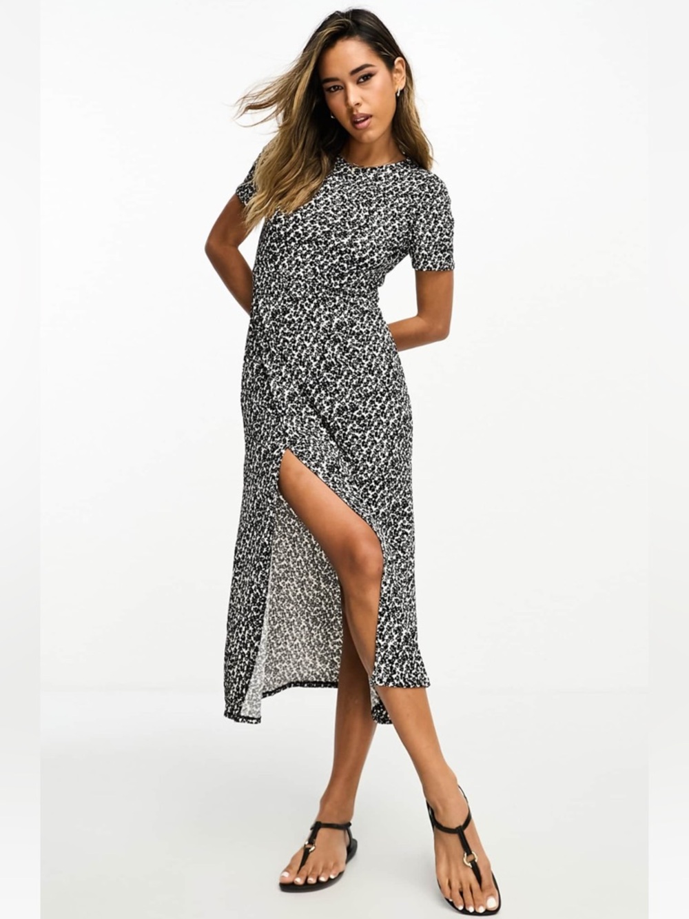 Mango Black & White Printed Midi Dress with Side Slit